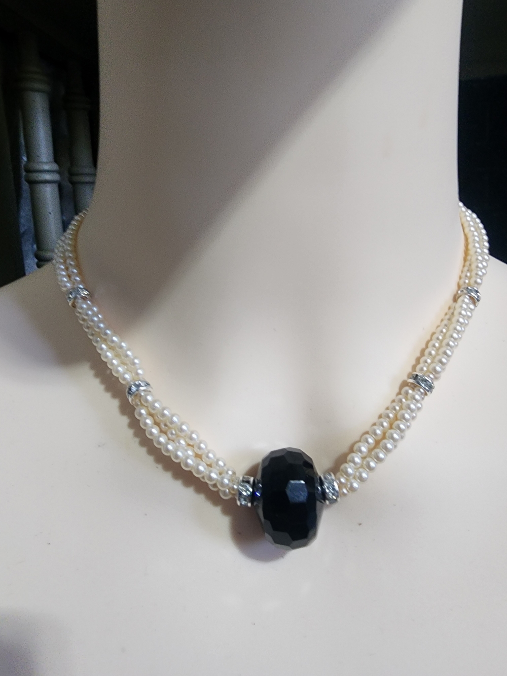 Vintage Carolee Triple-Strand Pearl Necklace with Black Faceted Focal Faux